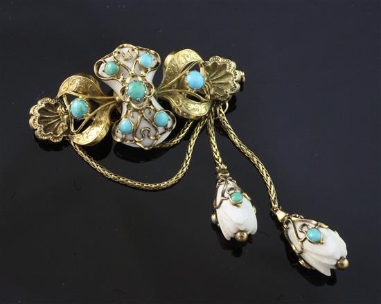 A late Victorian engraved 15ct gold, turquoise and white coral set brooch, width 1.75in.